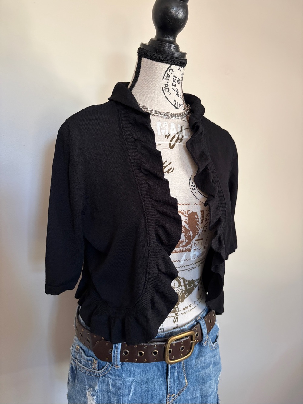 Y2K Black Ruffle Bolero Shrug Short Sleeve Top Whimsigoth 2000s - Picture 2 of 9